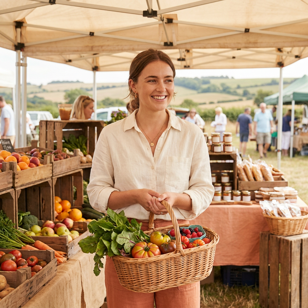 A British woman shopping for fresh produce at a sunny farmers market — a healthy lifestyle moment